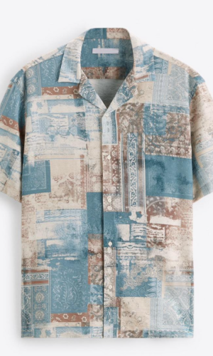 Blue Vintage Pattern Half Sleeve Shirt