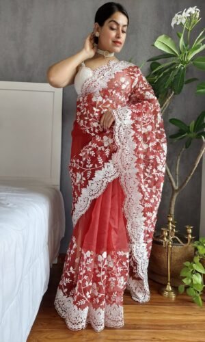 Organza Chikankari Embroidery Saree