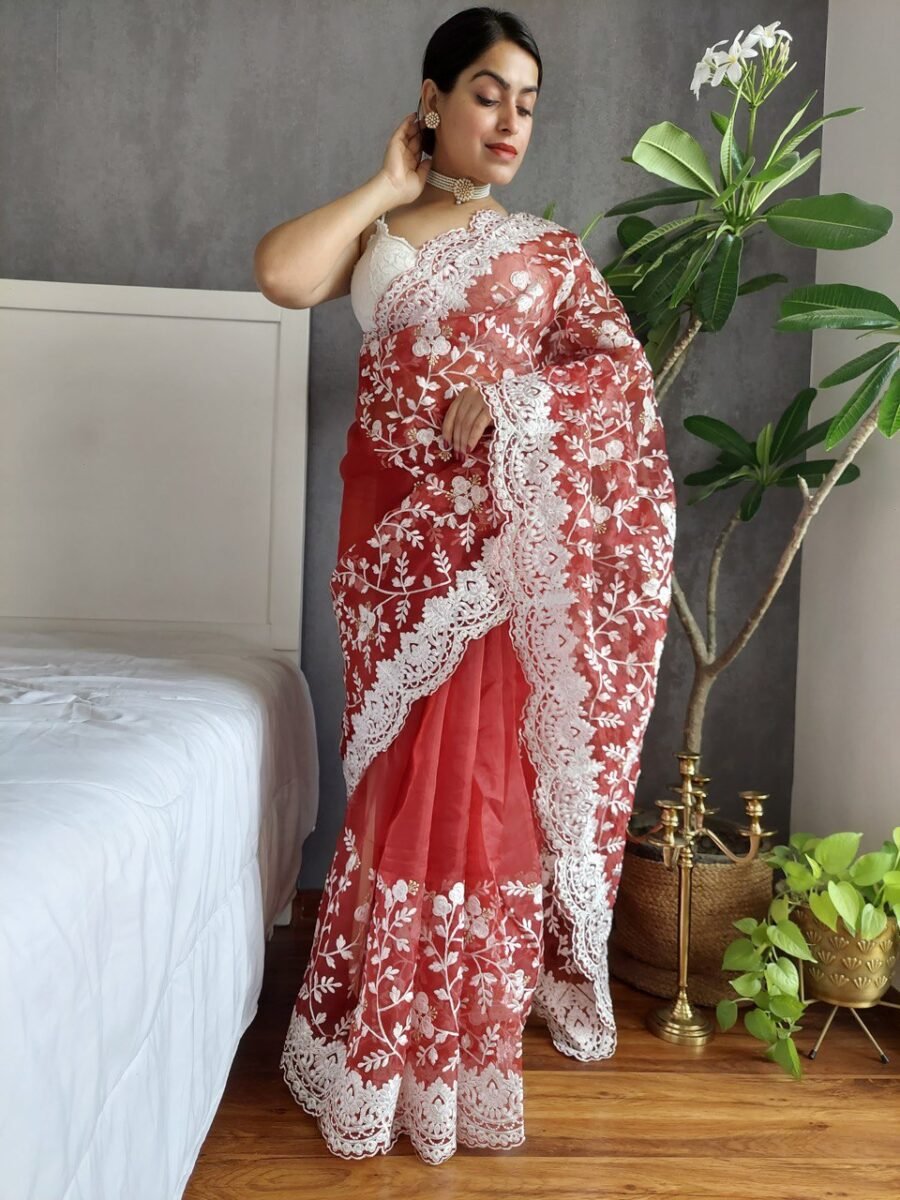 Organza Chikankari Embroidery Saree