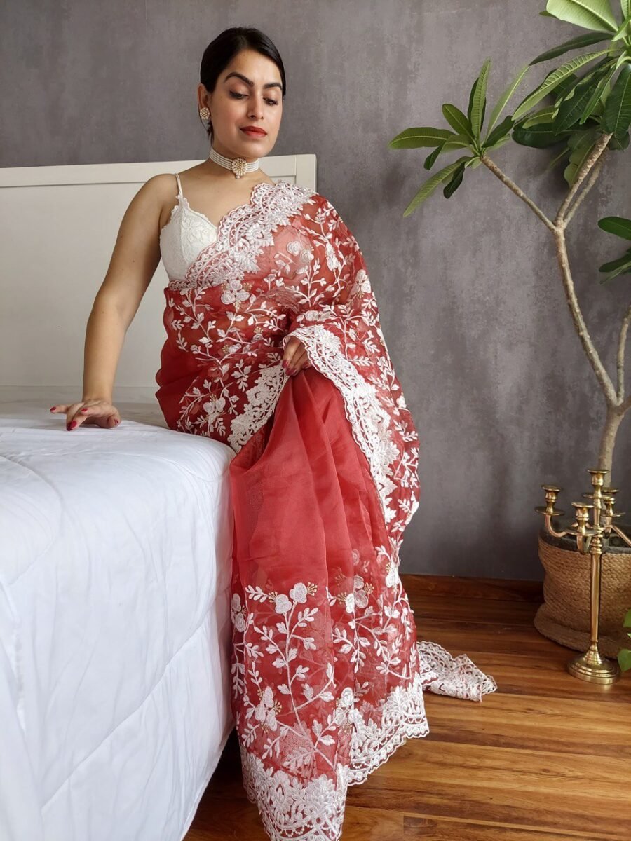 Organza Chikankari Embroidery Saree