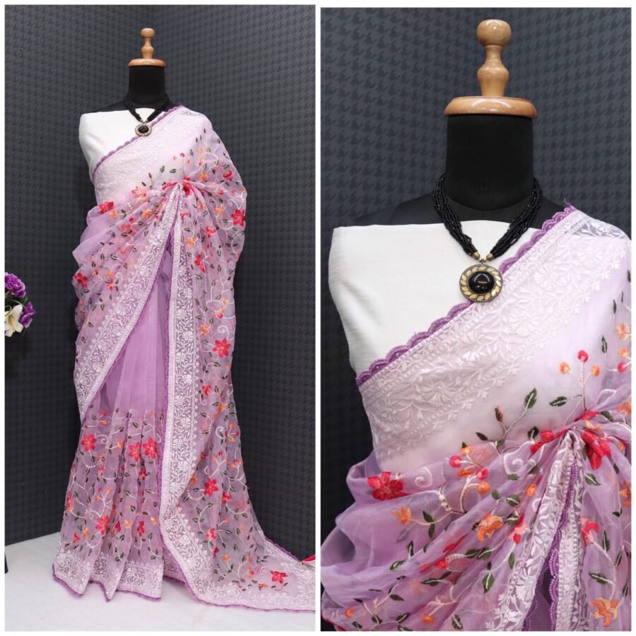 Organza Multi Thread Work Saree Done With GPO Lace