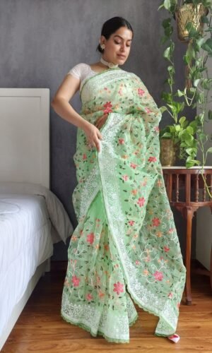 Organza Multi Thread Work Saree Done With GPO Lace