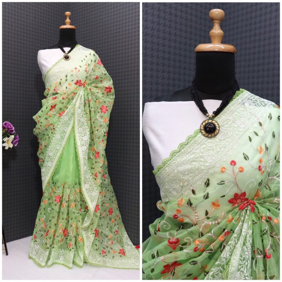 Organza Multi Thread Work Saree Done With GPO Lace