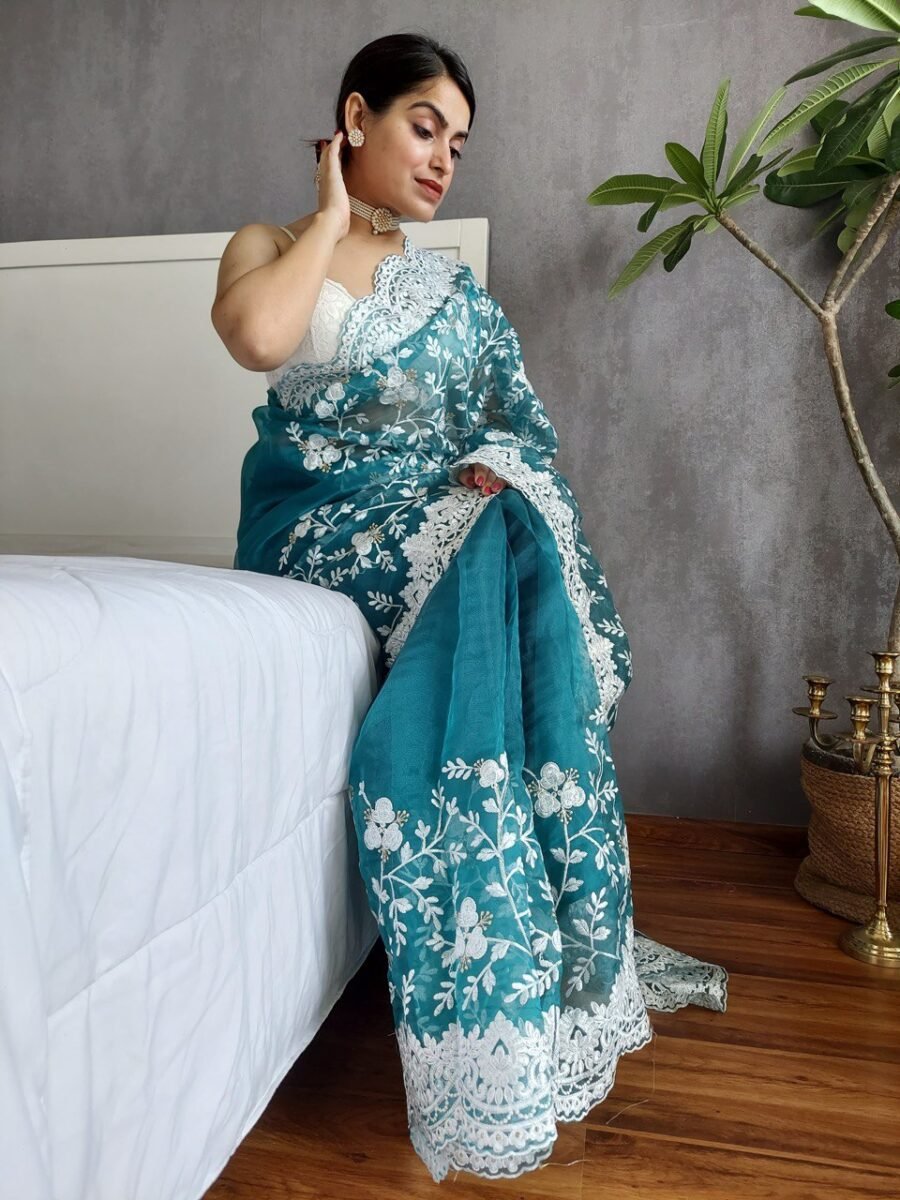 Organza Chikankari Embroidery Saree