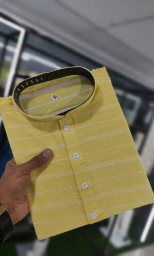 Premium Yellow Color Cotton Solid Weaving Long Kurta Pajama For Him