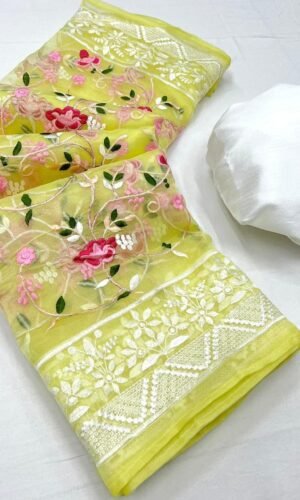 Yellow Organza Floral Embroidered Saree