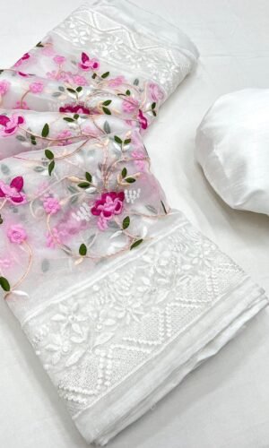 White Organza Floral Embroidered Saree