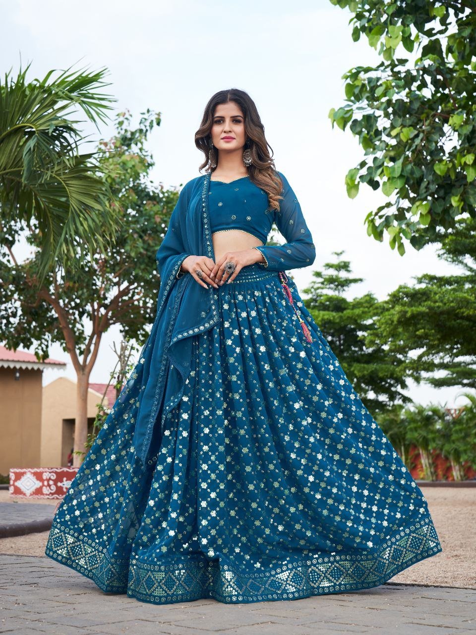 Teal Georgette Embroidered Readymade Ghagra Choli