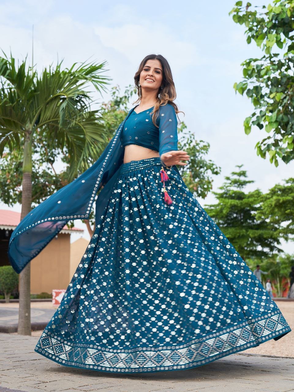 Teal Georgette Embroidered Readymade Ghagra Choli