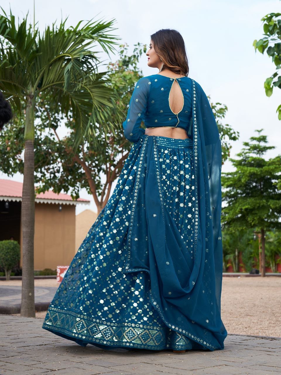 Teal Georgette Embroidered Readymade Ghagra Choli