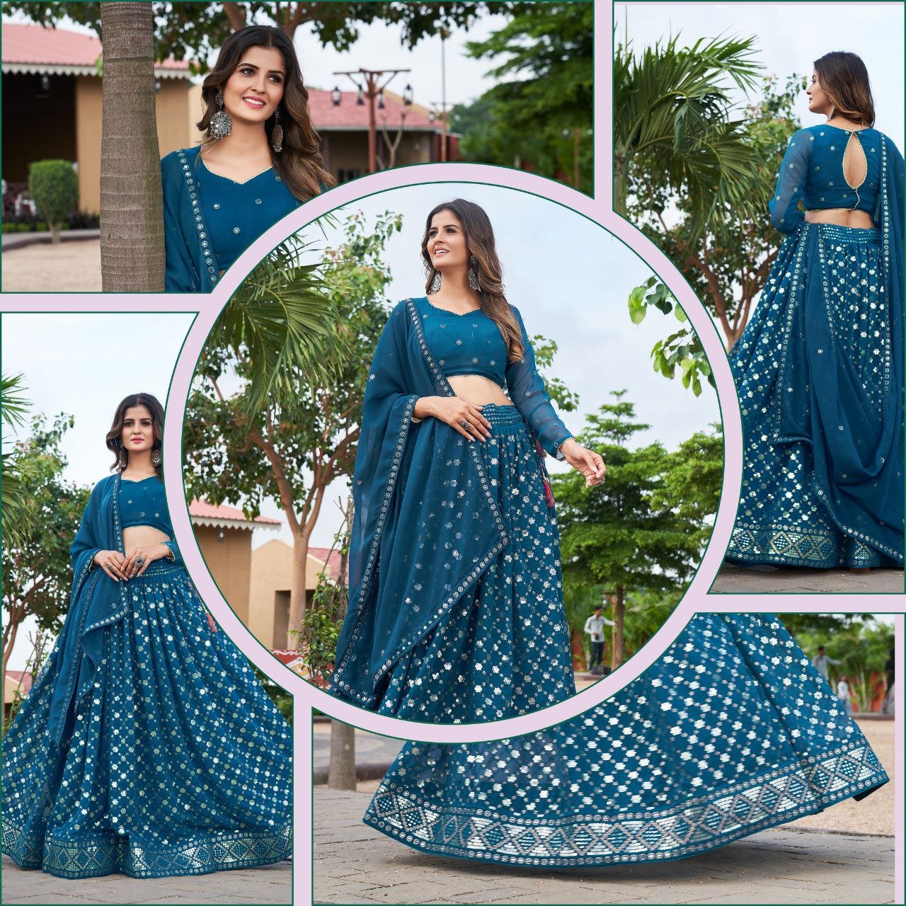 Teal Georgette Embroidered Readymade Ghagra Choli