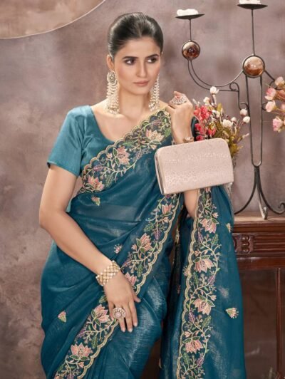 Rama Color Gold Crunchy Fabric Embroidery Sarees