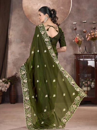 Mehendi Color Gold Crunchy Fabric Embroidery Sarees