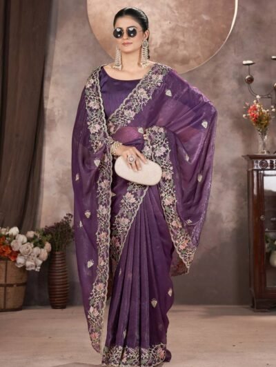 Wine Color Gold Crunchy Fabric Embroidery Sarees