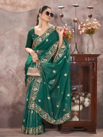Sea Green Color Gold Crunchy Fabric Embroidery Sarees