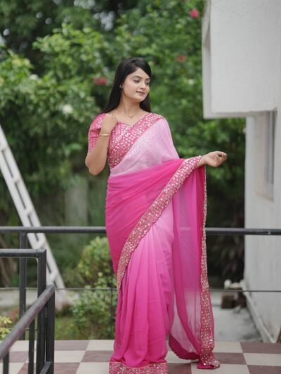 Faux Georgette Shaded Real Mirror Work Sarees